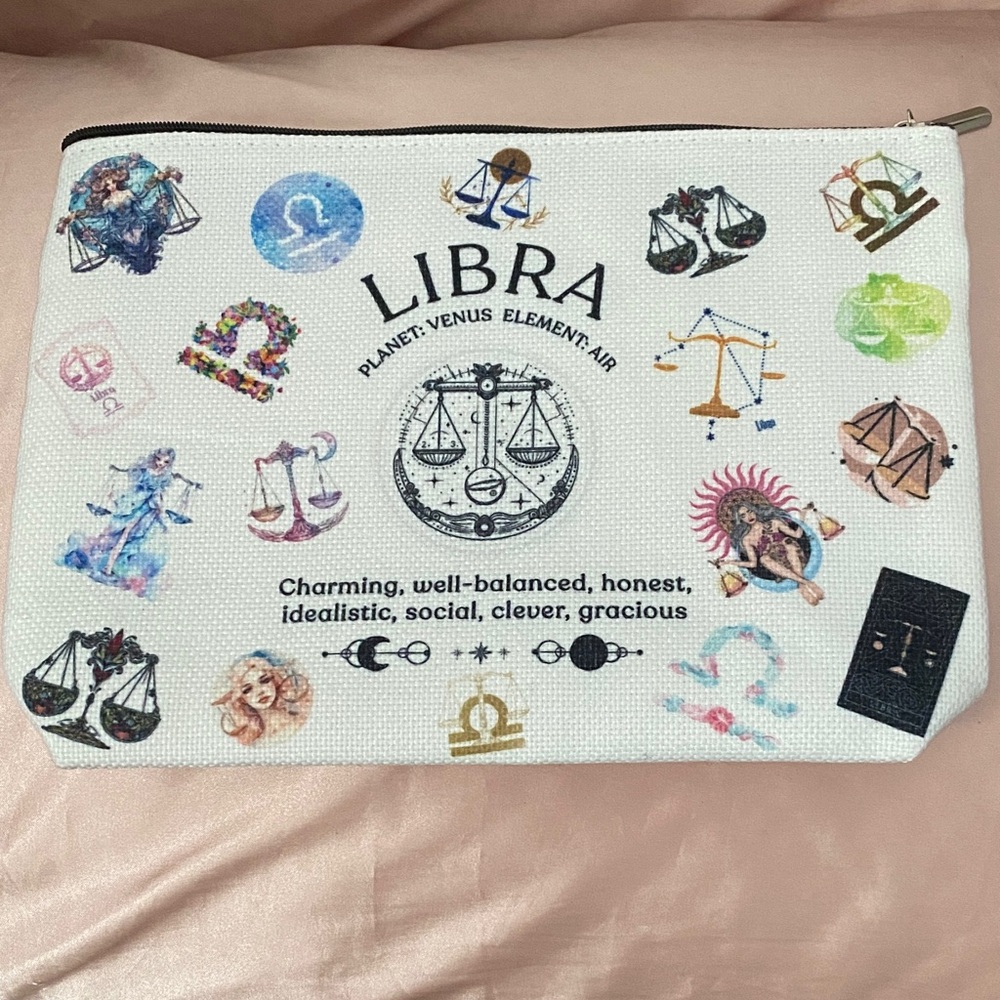 Libra Zodiac Cosmetic Pouch - White with Multicolor Accents